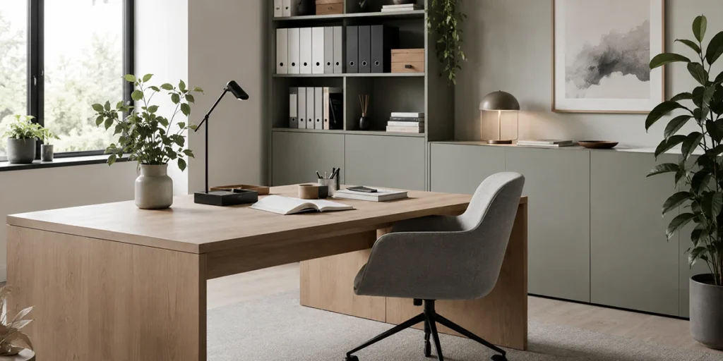 Jolie photo d'un bureau pro minimaliste avec lumière naturelle