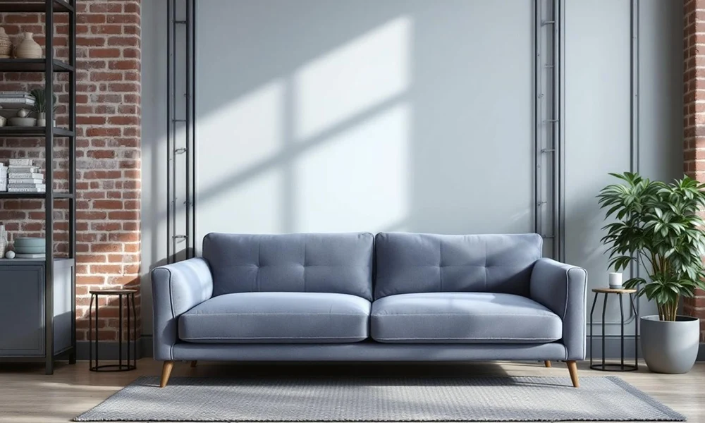 photo salon style industriel avec canapé gris-bleu