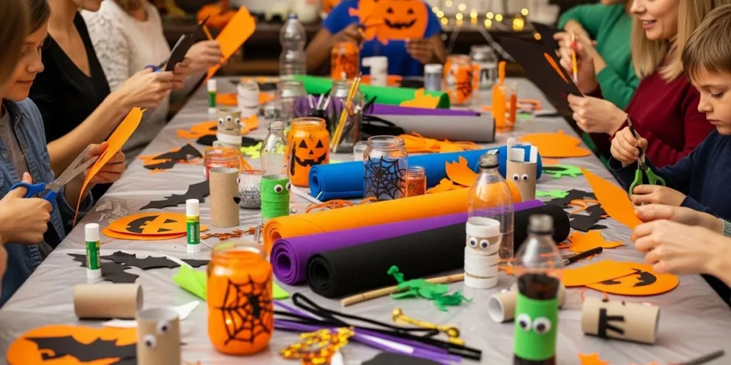 Une table recouverte d'une nappe plastique, où plusieurs enfants et adultes découpent du papier cartonné, manipulent des bocaux en verre, peignent des formes oranges et noires, entourés de rouleaux de papier toilette, de bouteilles en plastique, de feutrine colorée, et de ciseaux adaptés, dans une ambiance conviviale d’atelier de bricolage d’Halloween