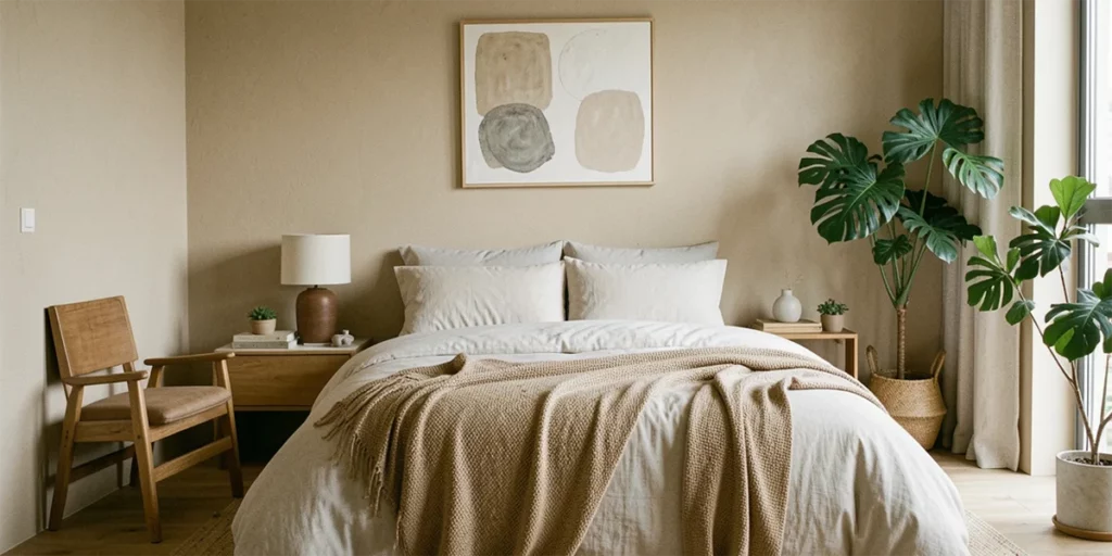 photo chambre moderne au style japandi avec des murs beiges
