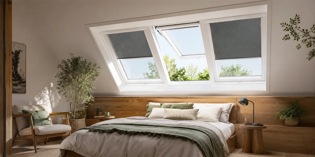 Photo d'une fen^tre dde toit velux avec des stores