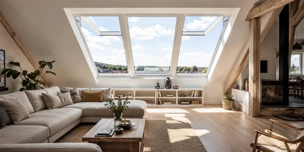 photo d'une verrière d'atelier 3 en 1 velux dans un salon