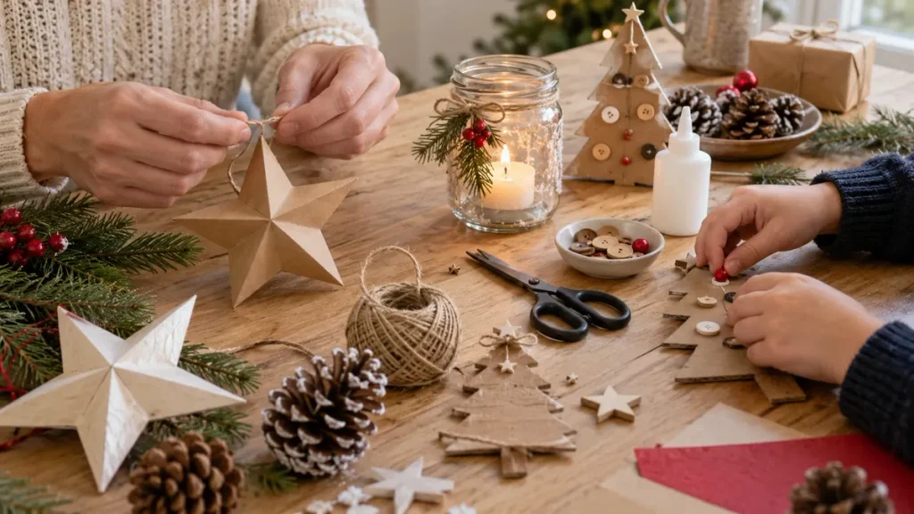 photo d'un petit atelier décorations pour noel faciles à faire en papier et pommes de pin