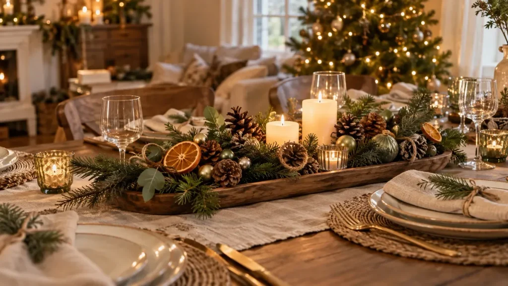 Centre de table de Noel fait maison avec des branches et des pommes de pin