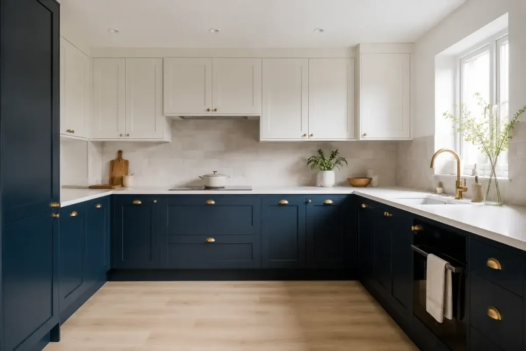 Photo d'une cuisine bicolore, bleu profond et et blanc
