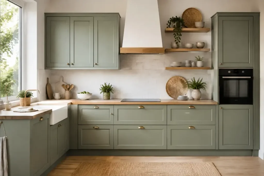 Photo d'une belle cuisine avec des meubles de couleur vert sauge