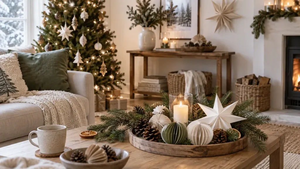 photo d'un salon avec des décorations de noel faites maison avec des branches et du papier
