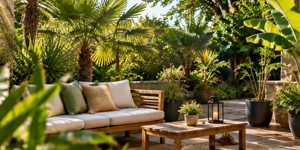 photo d'un jardin exotique pas cher montrant une terrasse avec de amenagement