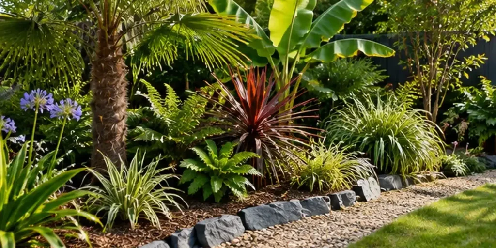 photo d'un massif exotique strates avec plantes rustiques