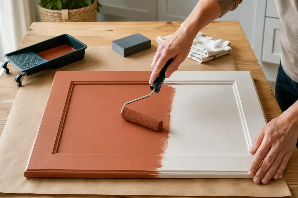 Photo homme en train de peintre une porte de placard de cuisine couleur terracotta