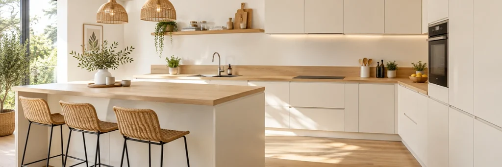 photo d'une belle cuisine en blanc cassé et lumineuse