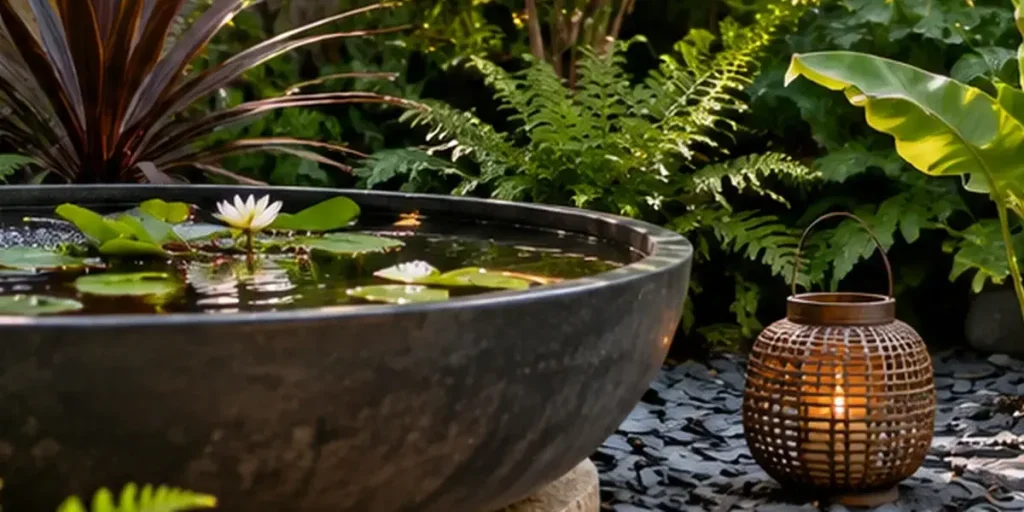 point eau dans un jardin exotique avec une ambiance tropicale